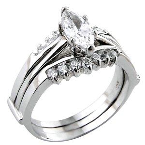 Size 10 Sterling Silver Marquise Cut Engagement Ring & Matching Wedding Band Set